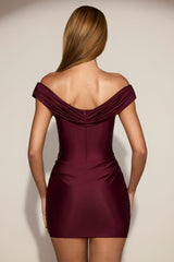 Off-Shoulder Draped Mini Dress in Wine Red