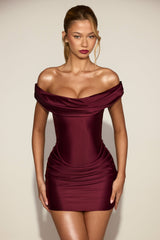 Off-Shoulder Draped Mini Dress in Wine Red