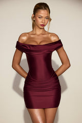Off-Shoulder Draped Mini Dress in Wine Red