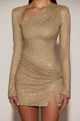 Embellished Asymmetric Bodycon Mini Dress in Gold