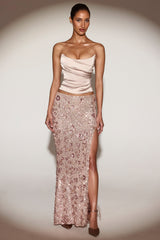 Embellished Mid-Rise Maxi Skirt in Rose Gold