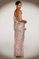 Embellished Mid-Rise Maxi Skirt in Rose Gold