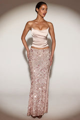 Embellished Mid-Rise Maxi Skirt in Rose Gold