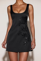 Embellished Scoop-Neck A-Line Mini Dress in Black