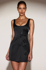 Embellished Scoop-Neck A-Line Mini Dress in Black