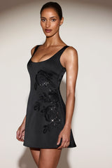 Embellished Scoop-Neck A-Line Mini Dress in Black