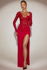 Lace Plunge-Neck Maxi Dress in True Red