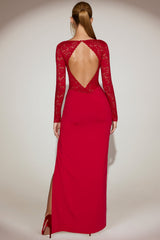 Lace Plunge-Neck Maxi Dress in True Red