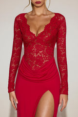 Lace Plunge-Neck Maxi Dress in True Red