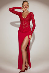 Lace Plunge-Neck Maxi Dress in True Red
