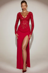 Lace Plunge-Neck Maxi Dress in True Red
