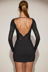 Lace Boat-Neck Mini Dress in Black