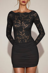 Lace Boat-Neck Mini Dress in Black