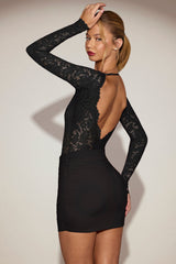 Lace Boat-Neck Mini Dress in Black