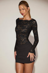 Lace Boat-Neck Mini Dress in Black