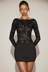 Lace Boat-Neck Mini Dress in Black