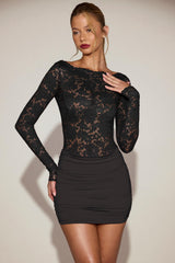 Lace Boat-Neck Mini Dress in Black