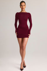 Modal Draped Long-Sleeve Mini Dress in Wine