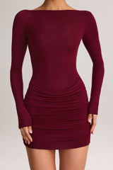 Modal Draped Long-Sleeve Mini Dress in Wine