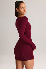 Modal Draped Long-Sleeve Mini Dress in Wine