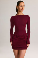 Modal Draped Long-Sleeve Mini Dress in Wine