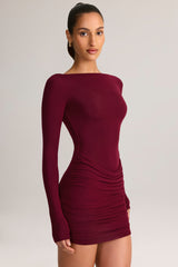 Modal Draped Long-Sleeve Mini Dress in Wine