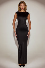 Twist-Back Boat-Neck Maxi Dress in Black