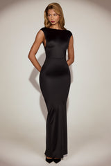Twist-Back Boat-Neck Maxi Dress in Black