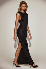 Twist-Back Boat-Neck Maxi Dress in Black