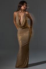 Embellished Cowl-Neck Gown in Gold