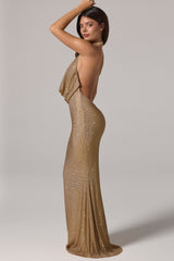 Embellished Cowl-Neck Gown in Gold