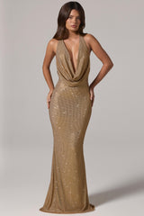Embellished Cowl-Neck Gown in Gold