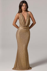 Embellished Cowl-Neck Gown in Gold