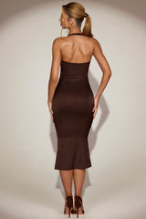 Lace-Trim Halterneck Fishtail Midaxi Dress in Chocolate Brown