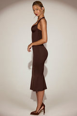 Lace-Trim Halterneck Fishtail Midaxi Dress in Chocolate Brown