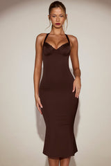 Lace-Trim Halterneck Fishtail Midaxi Dress in Chocolate Brown