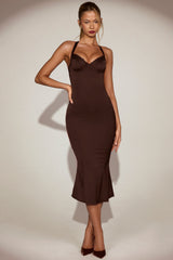 Lace-Trim Halterneck Fishtail Midaxi Dress in Chocolate Brown