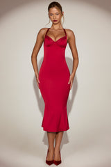 Lace-Trim Halterneck Fishtail Midaxi Dress in True Red