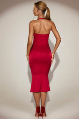 Lace-Trim Halterneck Fishtail Midaxi Dress in True Red
