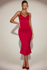 Lace-Trim Halterneck Fishtail Midaxi Dress in True Red