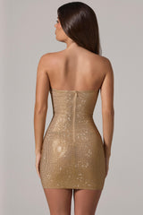 Embellished Bandeau Cowl Neck Mini Dress in Gold