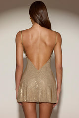 Embellished Backless A-Line Mini Dress in Gold