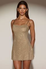 Embellished Backless A-Line Mini Dress in Gold