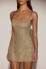 Embellished Backless A-Line Mini Dress in Gold