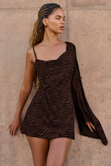 Devoré One-Sleeve A-Line Mini Dress in Dark Chocolate
