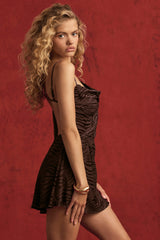 Devoré One-Sleeve A-Line Mini Dress in Dark Chocolate