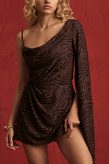 Devoré One-Sleeve A-Line Mini Dress in Dark Chocolate