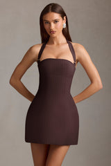 Pinstripe Halterneck Structured A-Line Mini Dress in Chocolate Brown
