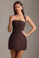 Pinstripe Halterneck Structured A-Line Mini Dress in Chocolate Brown