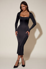 Cowl-Neck Long-Sleeve Midaxi Dress in Black